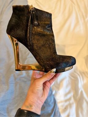 Women's Black Ankle Bootie with Gold Wedge Heel